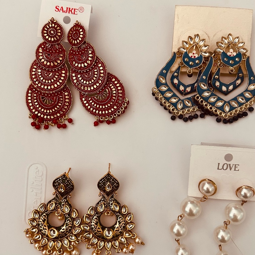 Love Red, Pearl, Blur and Gold Dangle Earrings